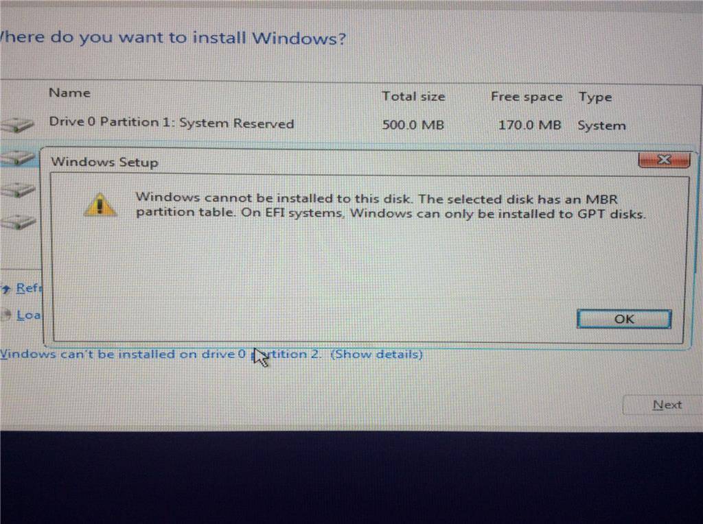 «установка windows на данный диск невозможна. на выбранном диске находится таблица mbr-разделов»
