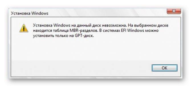 Установка windows на данный диск невозможна. на выбранном диске находится таблица mbr-разделов. в системах efi windows можно установить только на gpt-диск.