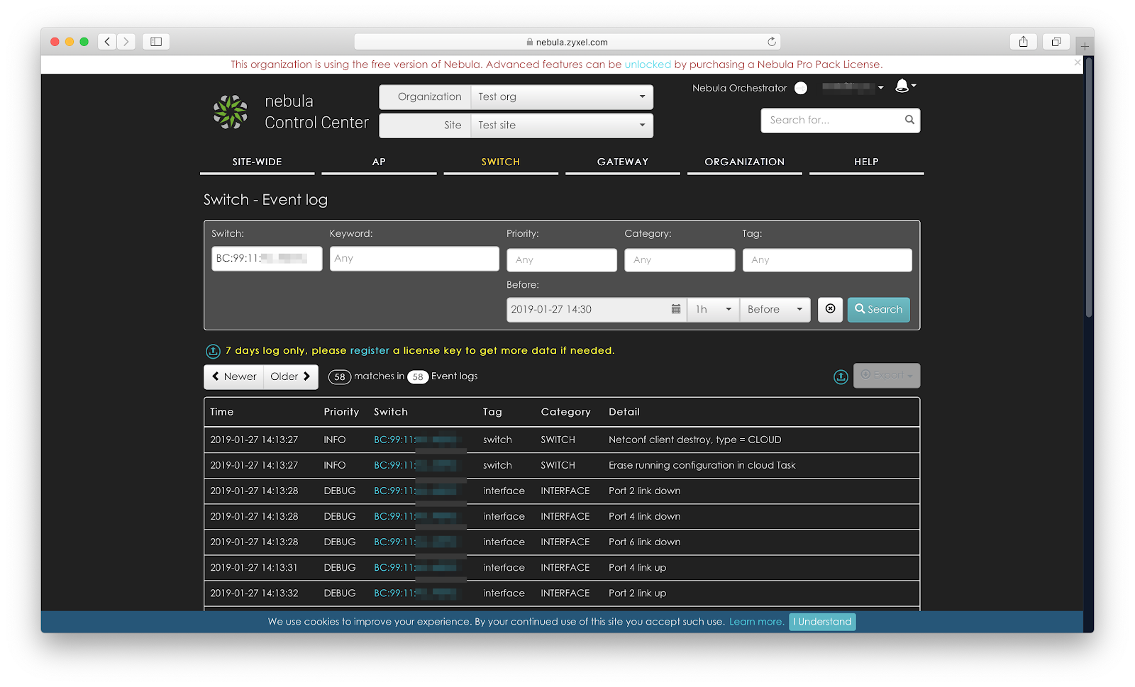 ZYXEL Nebula Control Center. Окно регистрации коммутатора. Nebula Manager.